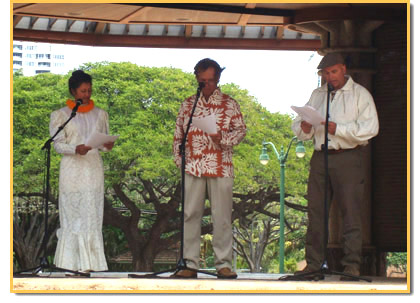 Leilani Kupahu-Marino as Princess Kaiulani, Kimo Kahoano as King Kalakaua and Brian Dinsmore as Archibald Cleghorn.